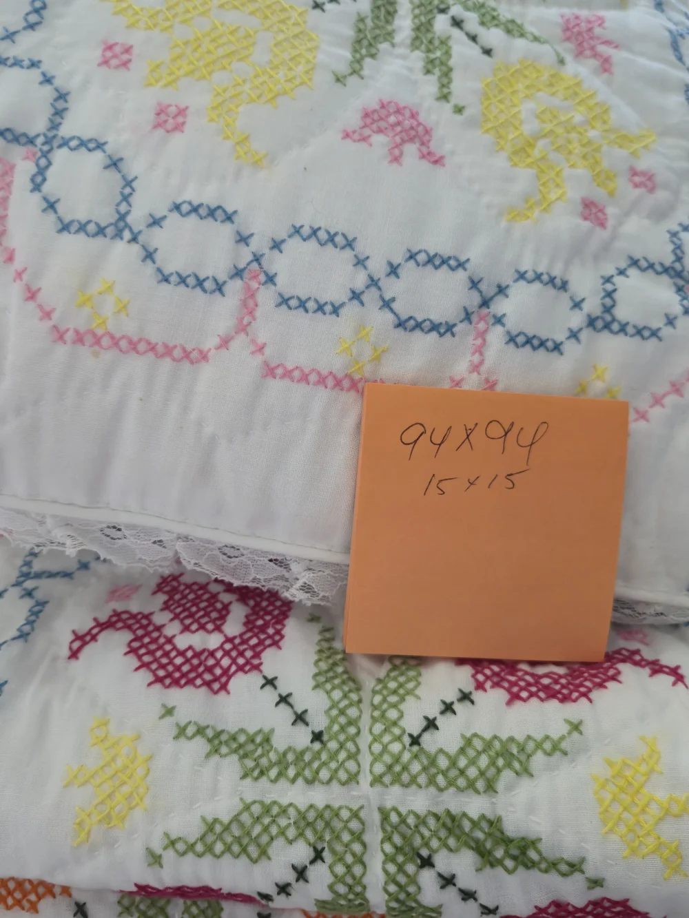 Vintage Handmade Floral Tulip Quilt Set - Signed Heirloom 3-Piece Lace Edge